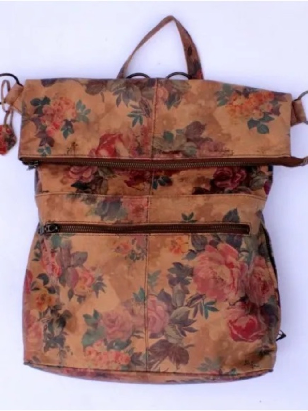 Floral Fold-Top Backpack in Beige with Rose Print